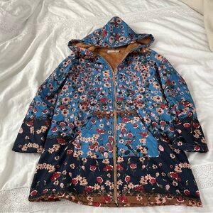 Miss look MEDIUM warm faux fur lined floral zip up jacket blue brown boho coat